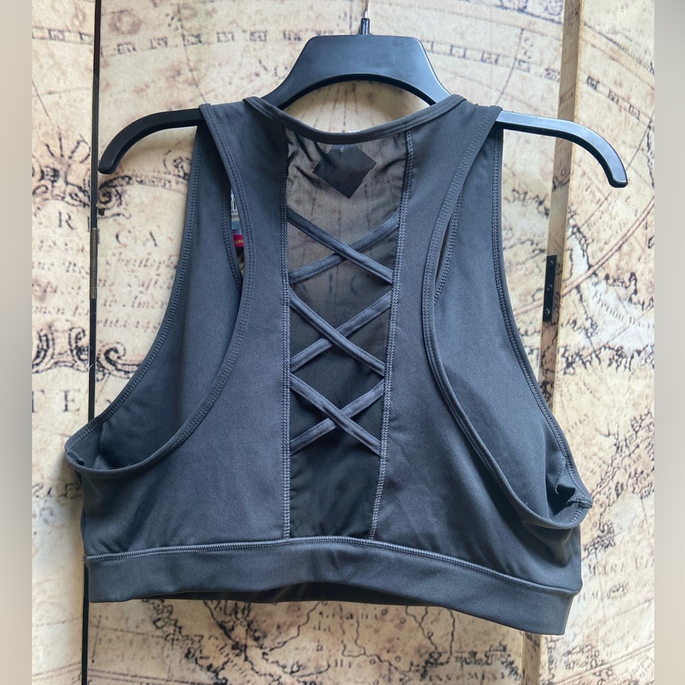 NWT POP Fit Charcoal Grey & Black Yoga / Sports Bra Size 4XL Mesh back, Pull on